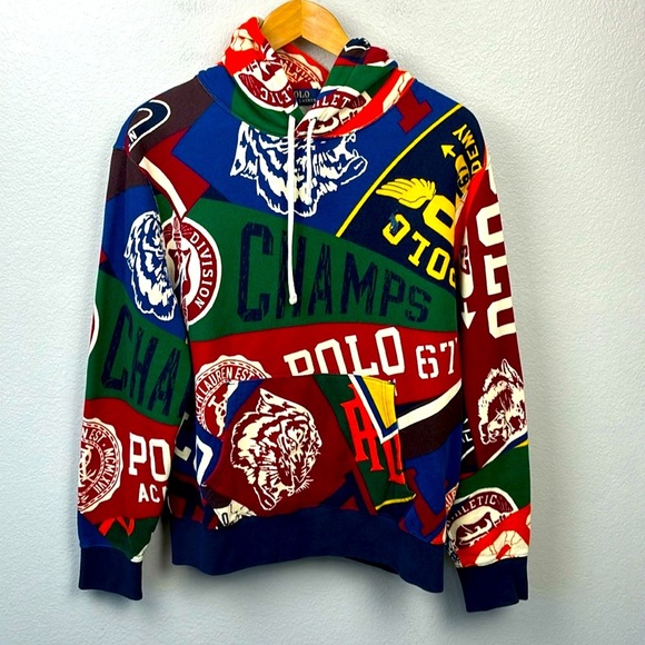 Polo Ralph Lauren Pennant Print Hoodie Collegiate Fleece Blue/Red Sweatshirt M - Picture 1 of 10